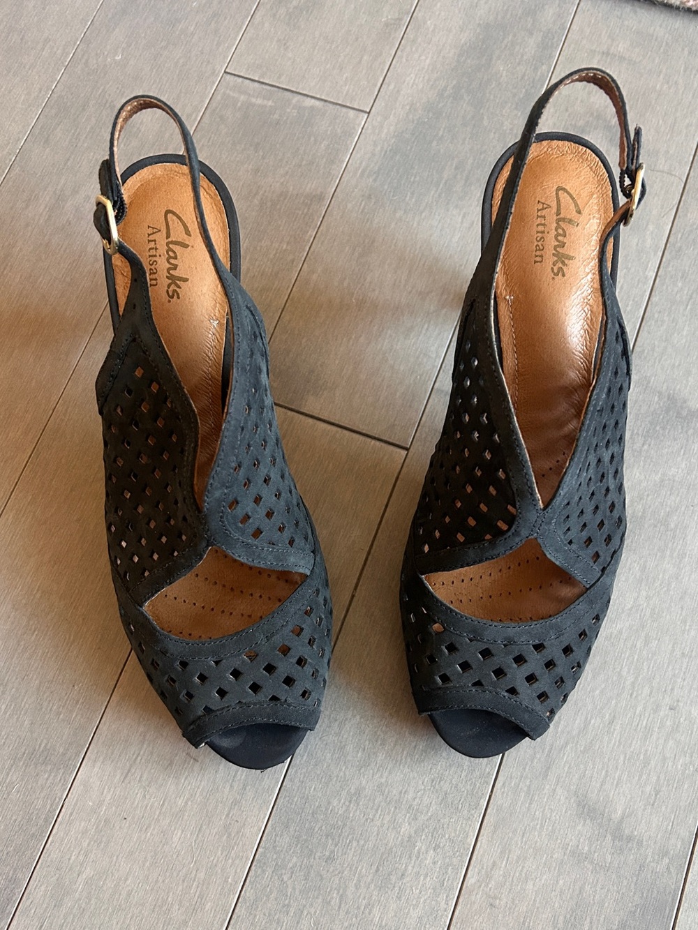 Clarks Artisan Black Laser-Cut Peep Toe Slingback Heels